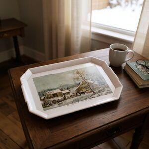 Vtg Waverly Melamine Serving Tray New England Winter Scene 20" White TV Snack